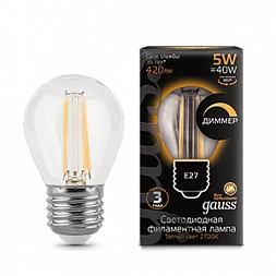 Лампа Gauss Filament Шар 5W 420lm 2700К Е27 диммируемая LED 1/10/50