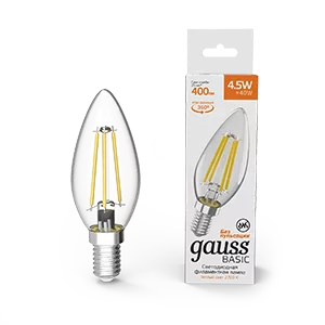 Лампа Gauss Basic Filament Свеча 4,5W 400lm 2700К Е14 LED 1/10/50