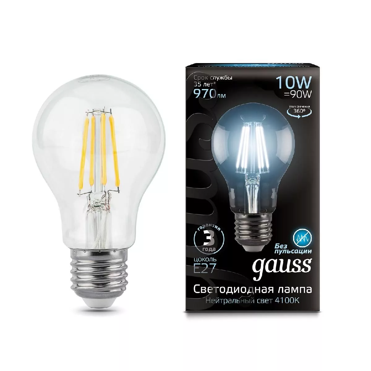 Упаковка 10 штук Лампа Gauss Filament А60 10W 970lm 4100К Е27 LED 1/10/40