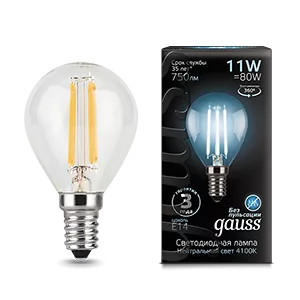Лампа Gauss Filament Шар 11W 830lm 4100К Е14 LED 1/10/50