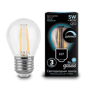 Лампа Gauss Filament Шар 5W 450lm 4100К Е27 LED 1/10/50