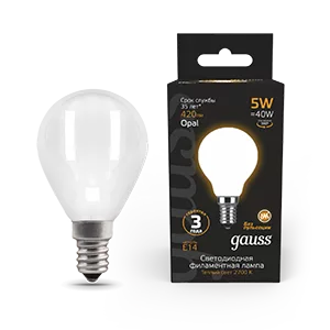Лампа Gauss Filament Шар 5W 420lm 2700К Е14 milky LED 1/10/50