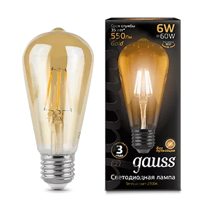 Лампа Gauss Filament ST64 6W 550lm 2400К E27 golden LED 1/10/40