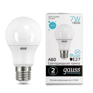 Лампа Gauss Elementary A60 7W 540lm 4100K E27 LED 1/10/50