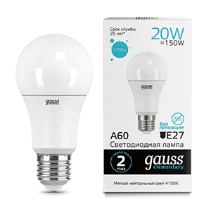 Лампа Gauss Elementary A60 20W 1600lm 4100K E27 LED 1/10/50