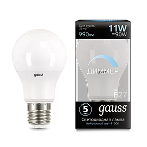 Лампа Gauss A60 11W 990lm 4100К E27 диммируемая LED 1/10/50