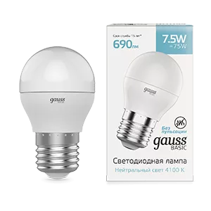Лампа Gauss Basic Шар 7,5W 690lm 4100K E27 LED 1/10/100