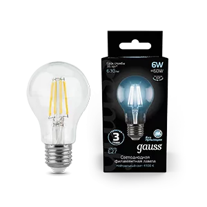Лампа Gauss Filament А60 6W 630lm 4100К Е27 LED 1/10/40