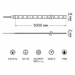 Лента Gauss LED 2835/60-SMD 4.8W 12V DC теплый белый IP66 (блистер 5м)