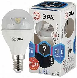 Лампочка светодиодная ЭРА STD LED P45-7W-840-E14 Clear E14 / E14 7Вт шар нейтральный белый свет