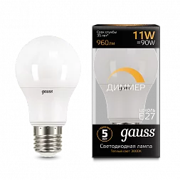 Лампа Gauss A60 11W 960lm 3000К E27 диммируемая LED 1/10/50