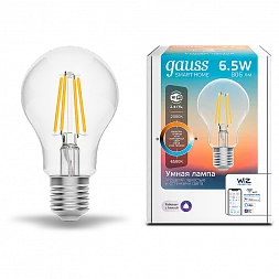 Лампа Gauss Smart Home Filament А60 6,5W 806lm 2000-6500К E27 изм.цвет.темп.+дим. LED 1/10/40