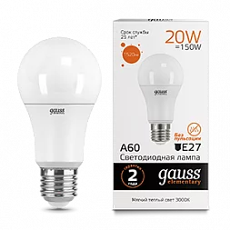 Лампа Gauss Elementary A60 20W 1520lm 3000K E27 LED 1/10/50